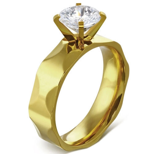 Zásnubný prsteň so zirkónom, zlatá farba, oceľ - Solitér
