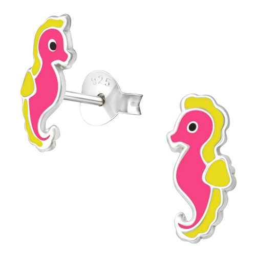 Detské strieborné náušnice 925, ružovo-žltý koník morský