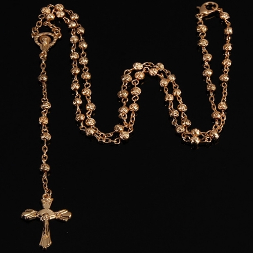 Jemný kovový ruženec v ružovo-zlatej farbe, Ježíš Kristus a Panna Mária, ruža