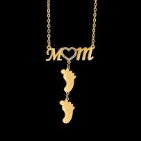 Dámsky oceľový náhrdelník, nápis "MOM" a detské nôžky, číre zirkóny
